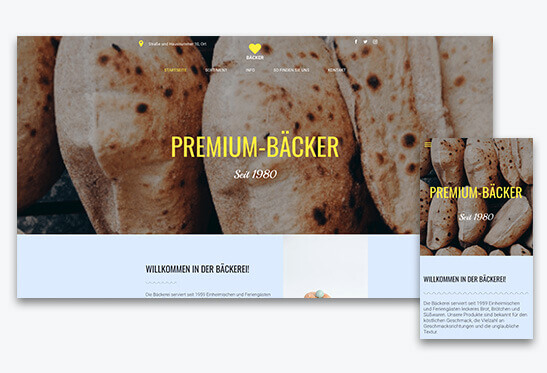 website builder, template for a bakery website, different screen sizes